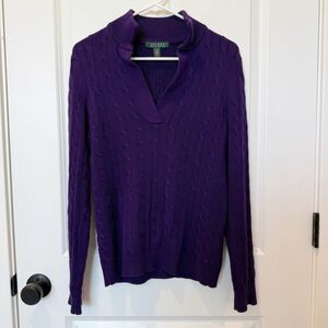 Lauren Ralph Lauren Womens Collared Cable Knit Sweater Sz M Purple Old Money